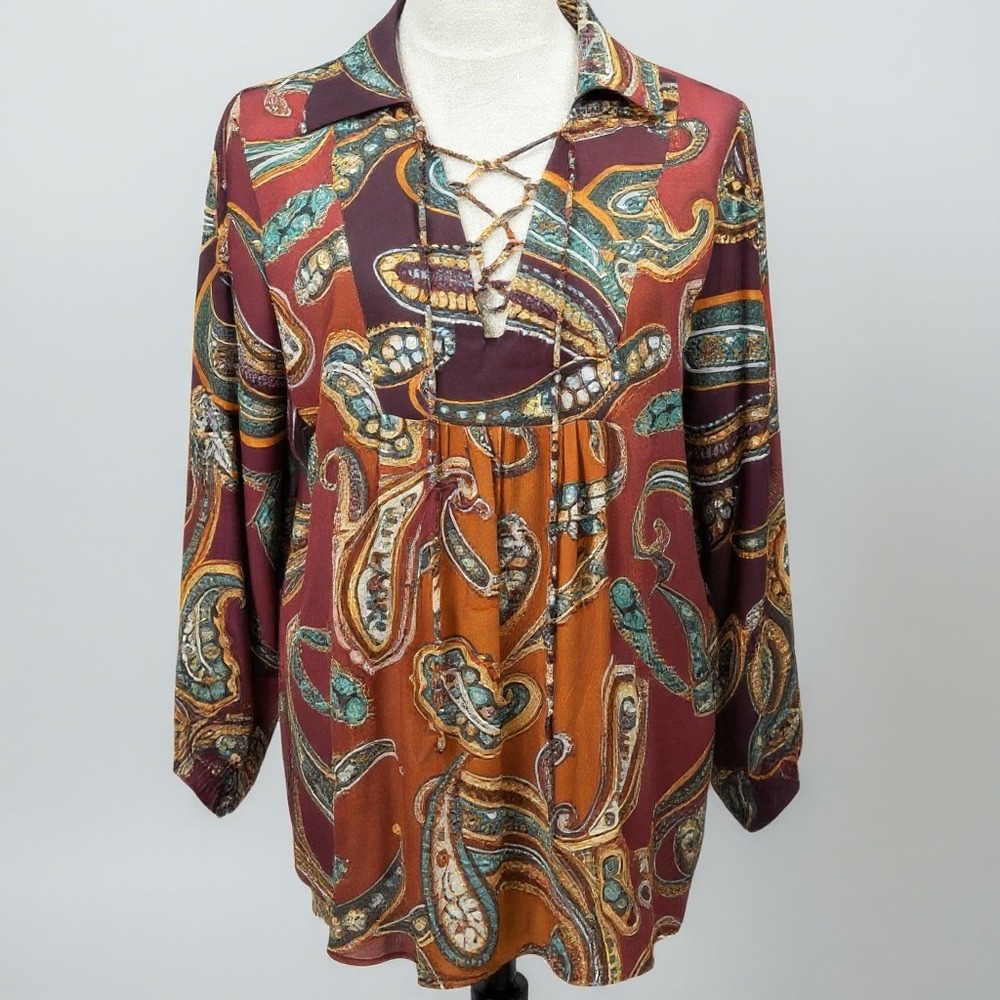 ChaCha Vente Paisley Blouse Women Medium‎ Burgundy Boho Tie Neck Long Sleeve